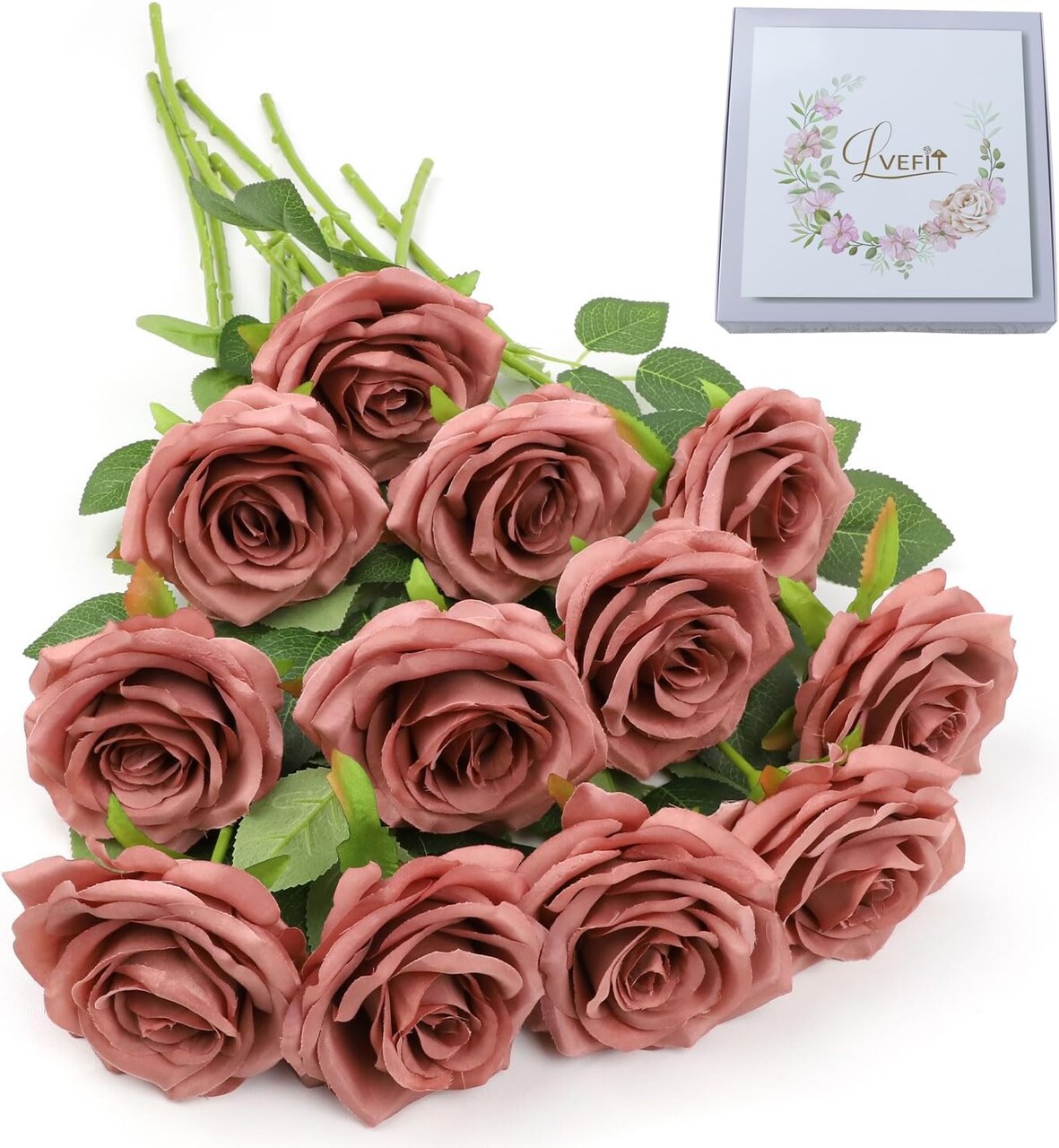 12-Piece Dusty Rose Artificial Roses – Long Stem Silk Flowers for Wedding Bouquets, Centerpieces, Party & Home Decor
